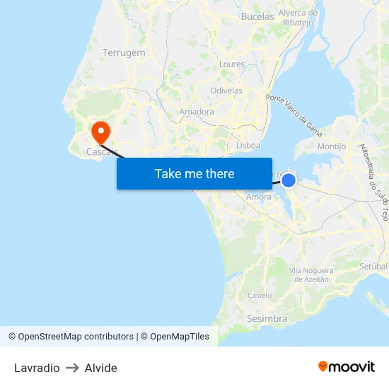 Lavradio to Alvide map