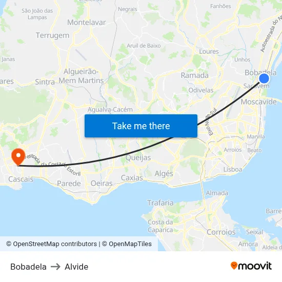 Bobadela to Alvide map