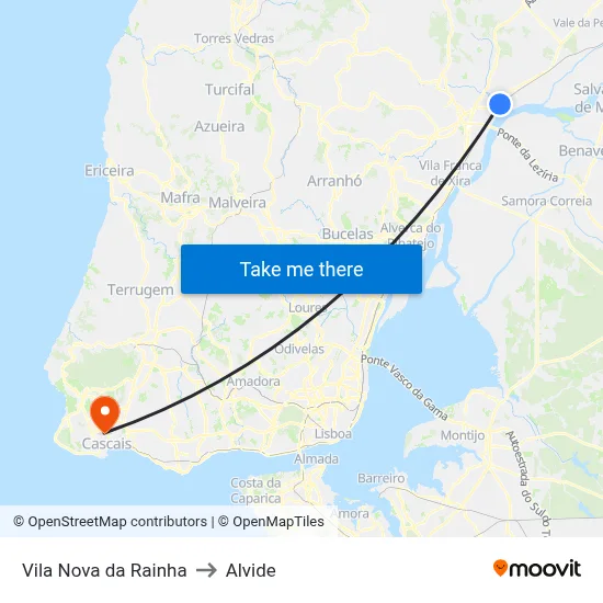 Vila Nova da Rainha to Alvide map