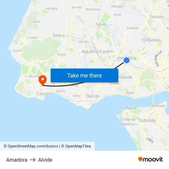 Amadora to Alvide map