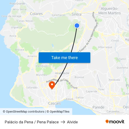 Palácio da Pena / Pena Palace to Alvide map
