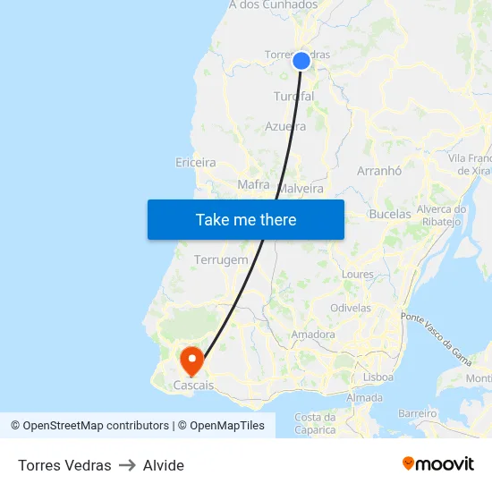 Torres Vedras to Alvide map