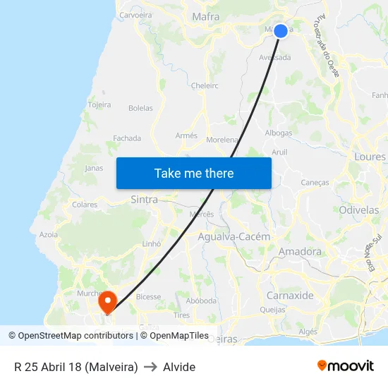 R 25 Abril 18 (Malveira) to Alvide map