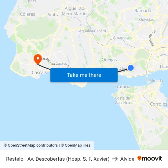 Restelo - Av. Descobertas (Hosp. S. F. Xavier) to Alvide map