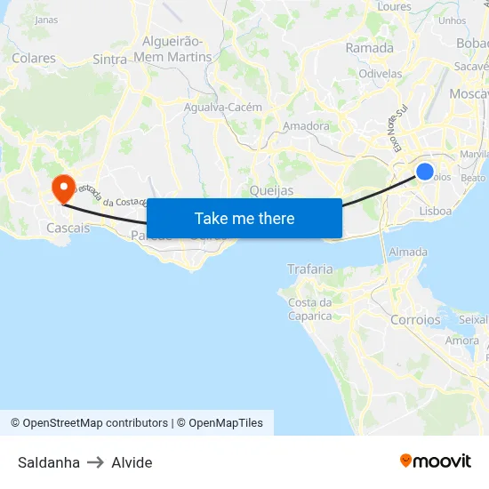 Saldanha to Alvide map