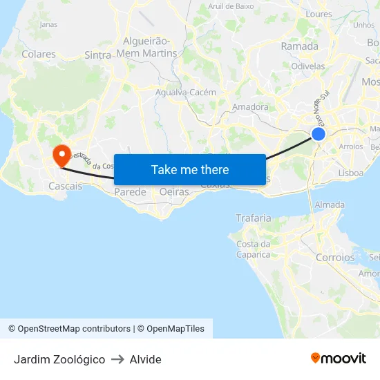 Jardim Zoológico to Alvide map
