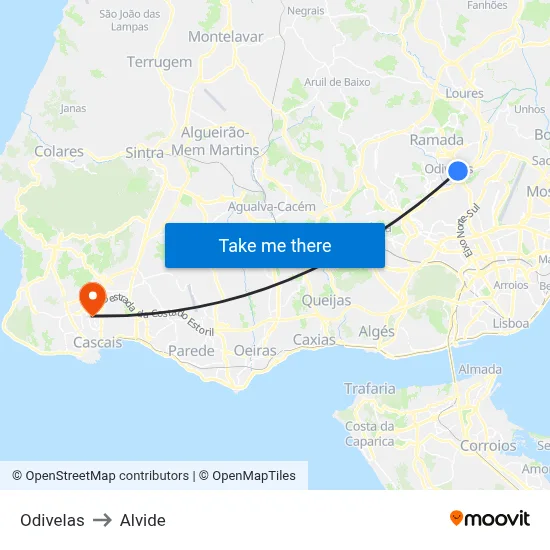 Odivelas to Alvide map