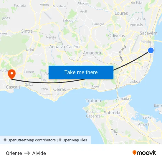Oriente to Alvide map