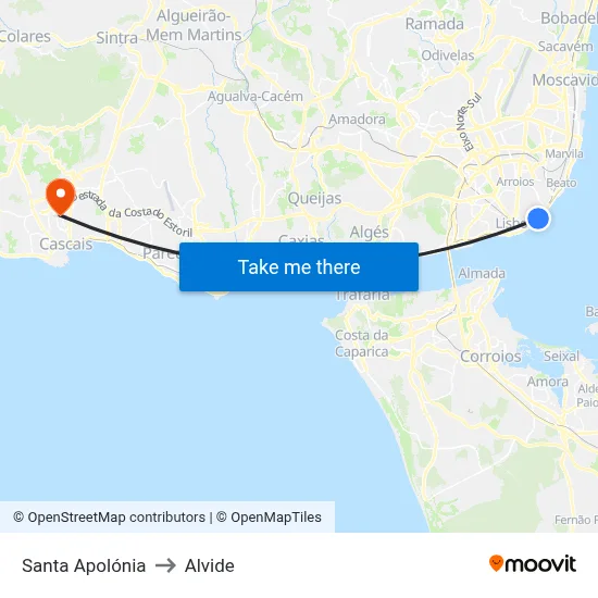 Santa Apolónia to Alvide map