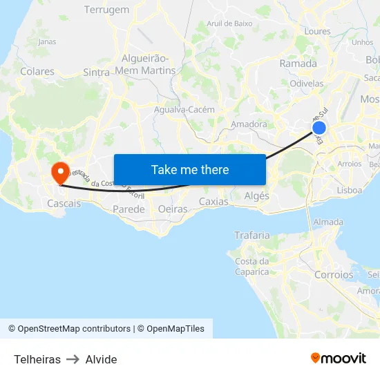 Telheiras to Alvide map