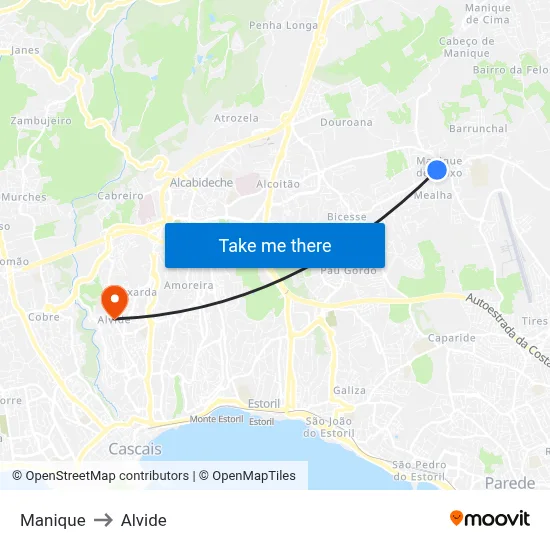 Manique to Alvide map