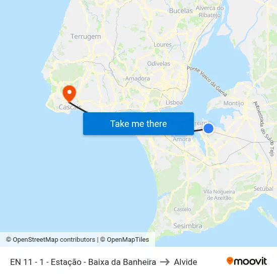 EN 11 - 1 - Estação - Baixa da Banheira to Alvide map
