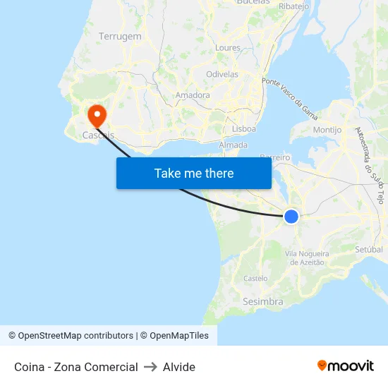 Coina - Zona Comercial to Alvide map