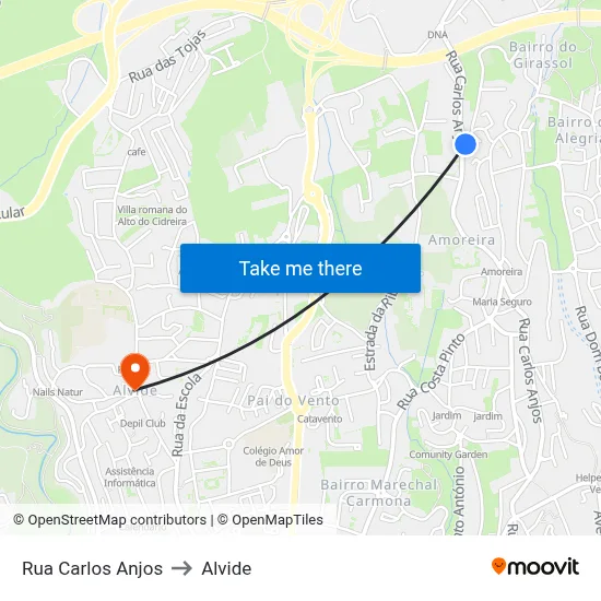 Rua Carlos Anjos to Alvide map