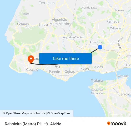 Reboleira (Metro) P1 to Alvide map