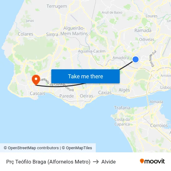 Prç Teófilo Braga (Alfornelos Metro) to Alvide map