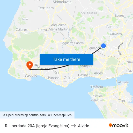 R Liberdade 20A (Igreja Evangélica) to Alvide map