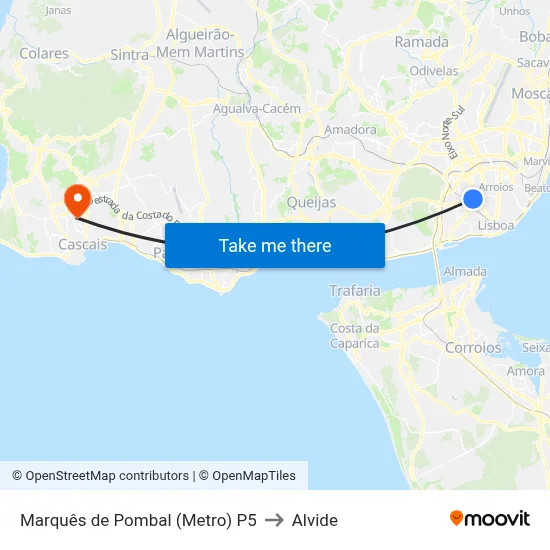 Marquês de Pombal (Metro) P5 to Alvide map