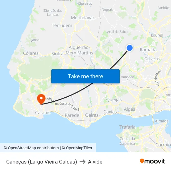 Caneças (Largo Vieira Caldas) to Alvide map