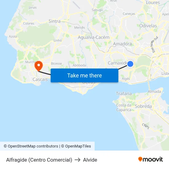 Alfragide (Centro Comercial) to Alvide map