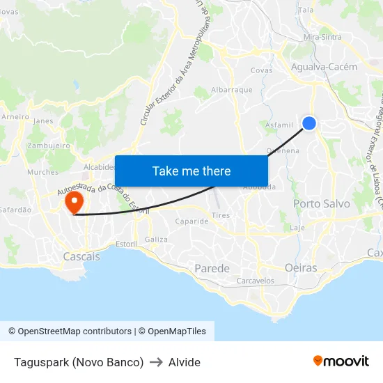 Taguspark (Novo Banco) to Alvide map