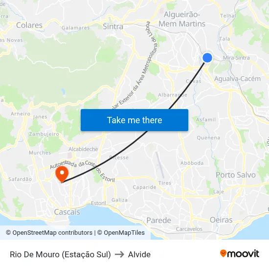 Rio De Mouro (Estação Sul) to Alvide map
