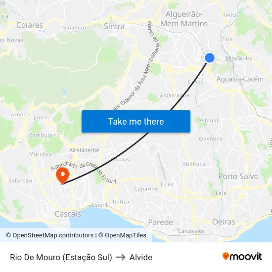 Rio De Mouro (Estação Sul) to Alvide map