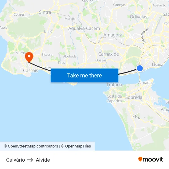 Calvário to Alvide map