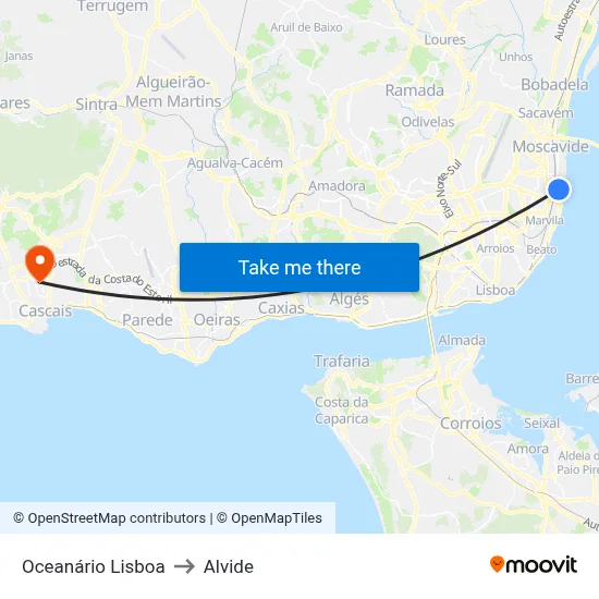 Oceanário Lisboa to Alvide map