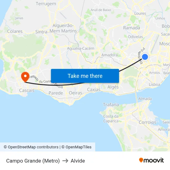 Campo Grande (Metro) to Alvide map
