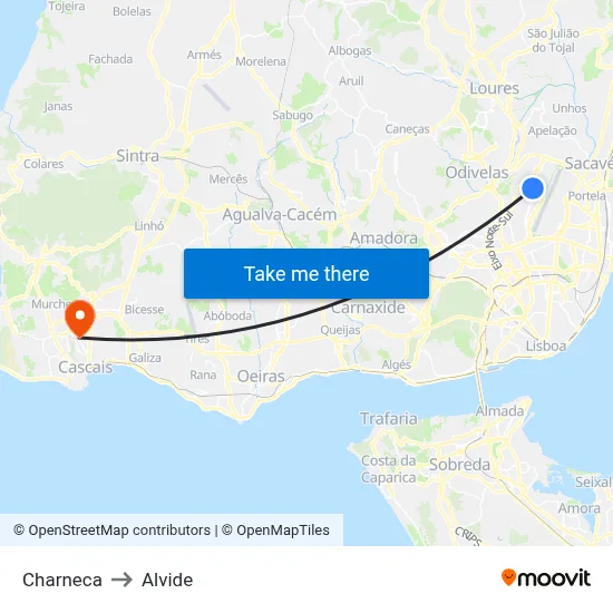 Charneca to Alvide map