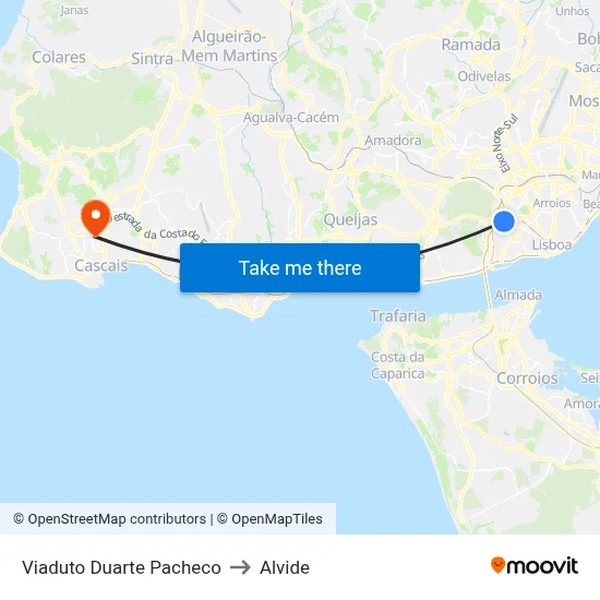 Viaduto Duarte Pacheco to Alvide map