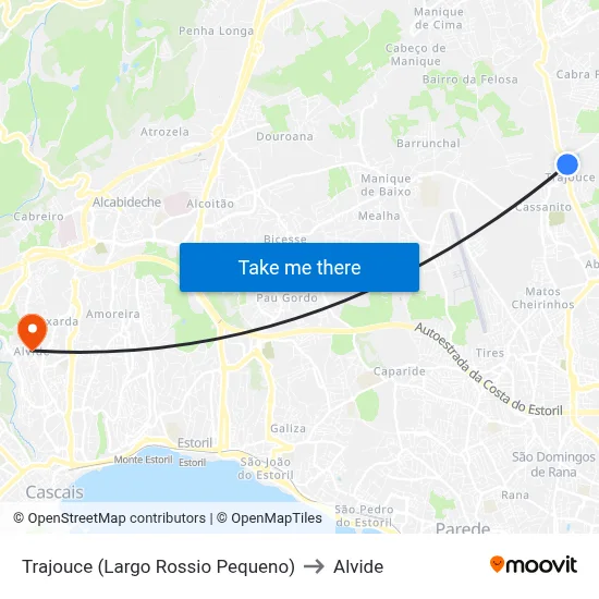 Trajouce (Largo Rossio Pequeno) to Alvide map