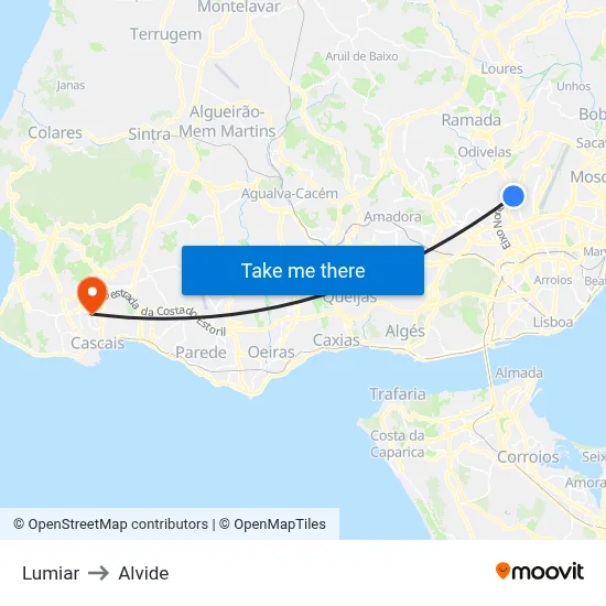Lumiar to Alvide map