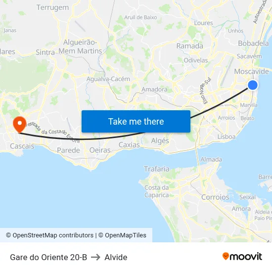 Gare do Oriente 20-B to Alvide map