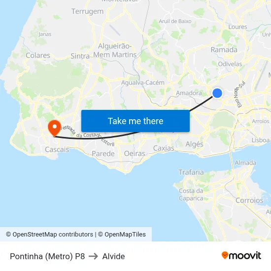 Pontinha (Metro) P8 to Alvide map