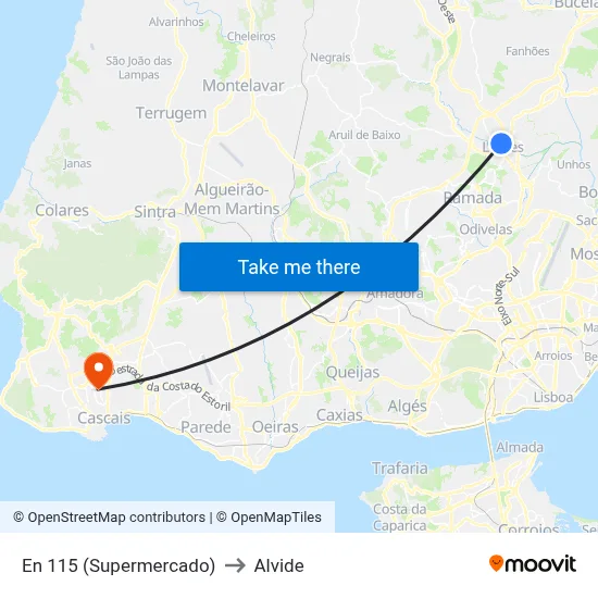 En 115 (Supermercado) to Alvide map