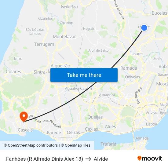 Fanhões (R Alfredo Dinis Alex 13) to Alvide map