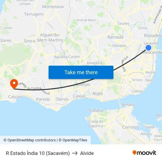 R Estado Índia 10 (Sacavém) to Alvide map