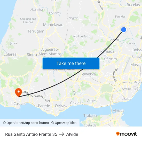 Rua Santo Antão Frente 35 to Alvide map