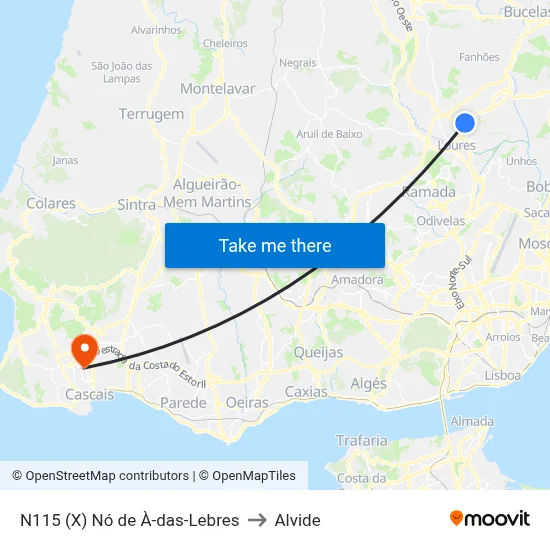 N115 (X) Nó de À-das-Lebres to Alvide map