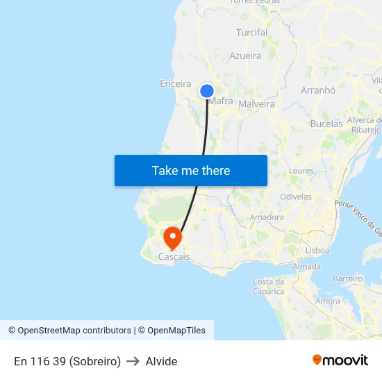 En 116 39 (Sobreiro) to Alvide map