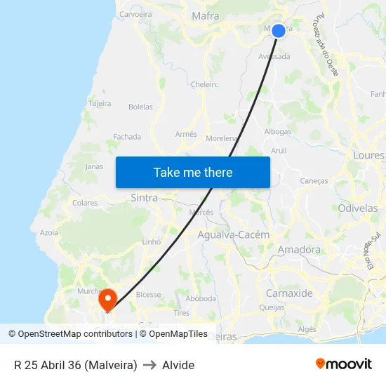 R 25 Abril 36 (Malveira) to Alvide map