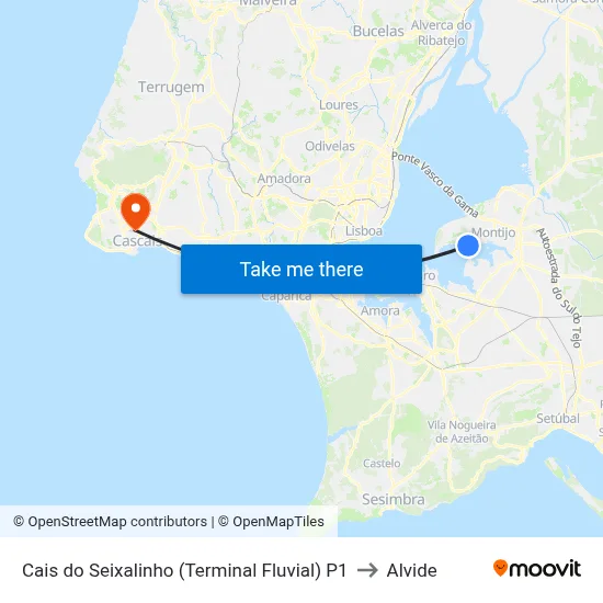 Cais do Seixalinho (Terminal Fluvial) P1 to Alvide map