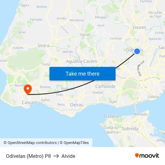 Odivelas (Metro) P8 to Alvide map