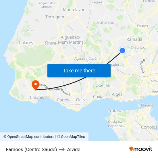 Famões (Centro Saúde) to Alvide map
