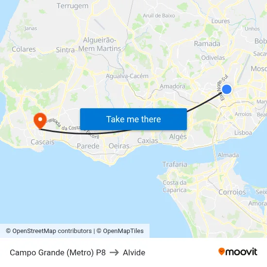 Campo Grande (Metro) P8 to Alvide map