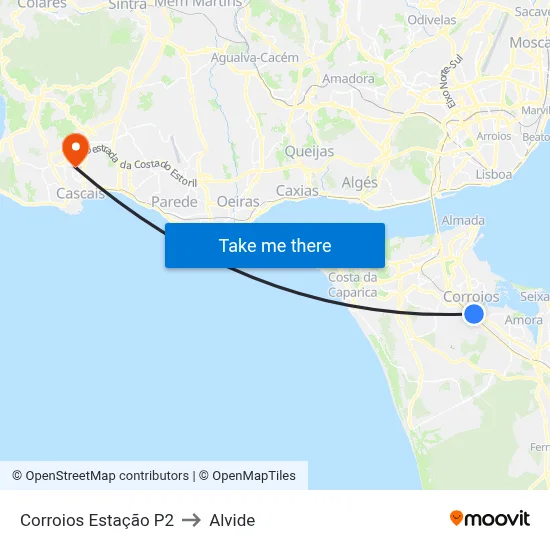 Corroios Estação P2 to Alvide map