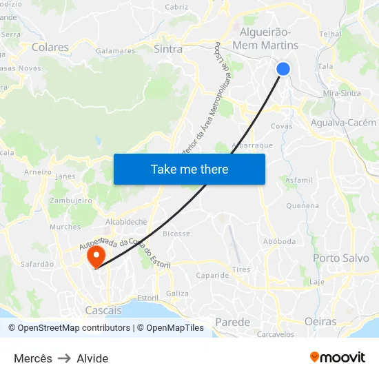 Mercês to Alvide map