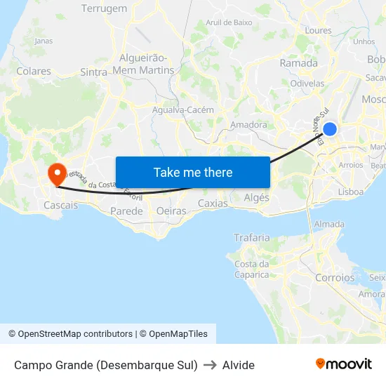 Campo Grande (Desembarque Sul) to Alvide map